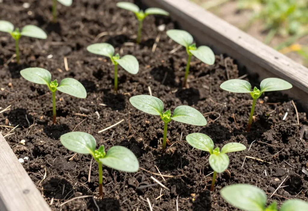 When to Transplant Cucumbers: for Best Results, close-up of cucumber seedlings prepared for transplanting.