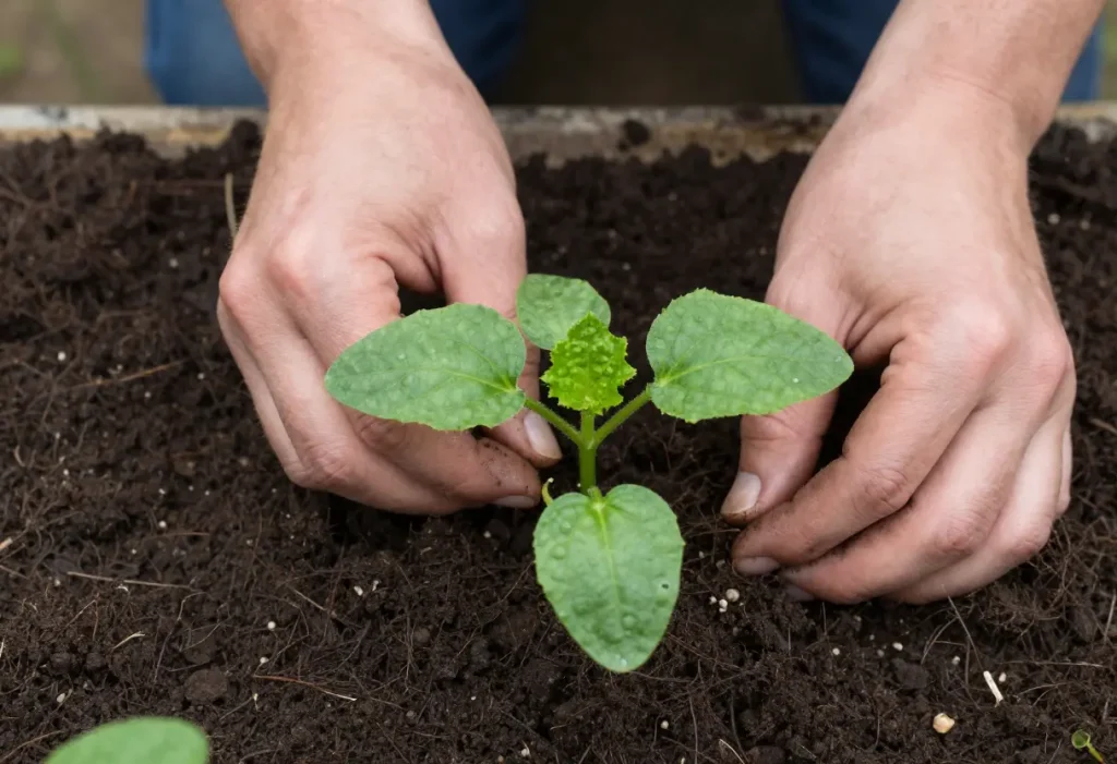Hands transplanting cucumber seedlings, illustrating When to Transplant Cucumbers: for Best Results.