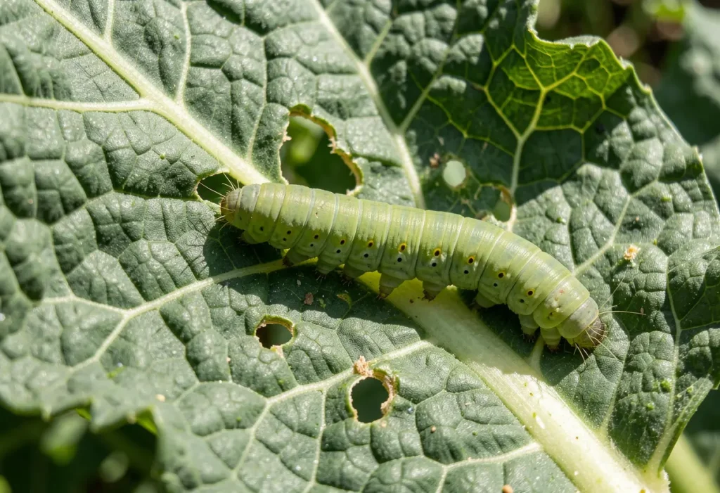 Worms in Broccoli Plants: Broccoli leaves with chew marks and pest infestation signs.