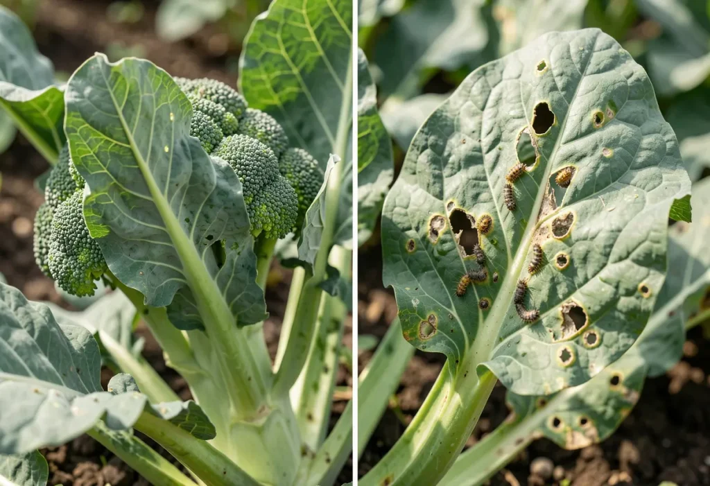 Worms in Broccoli Plants: Green caterpillars feeding on broccoli leaves causing visible holes.