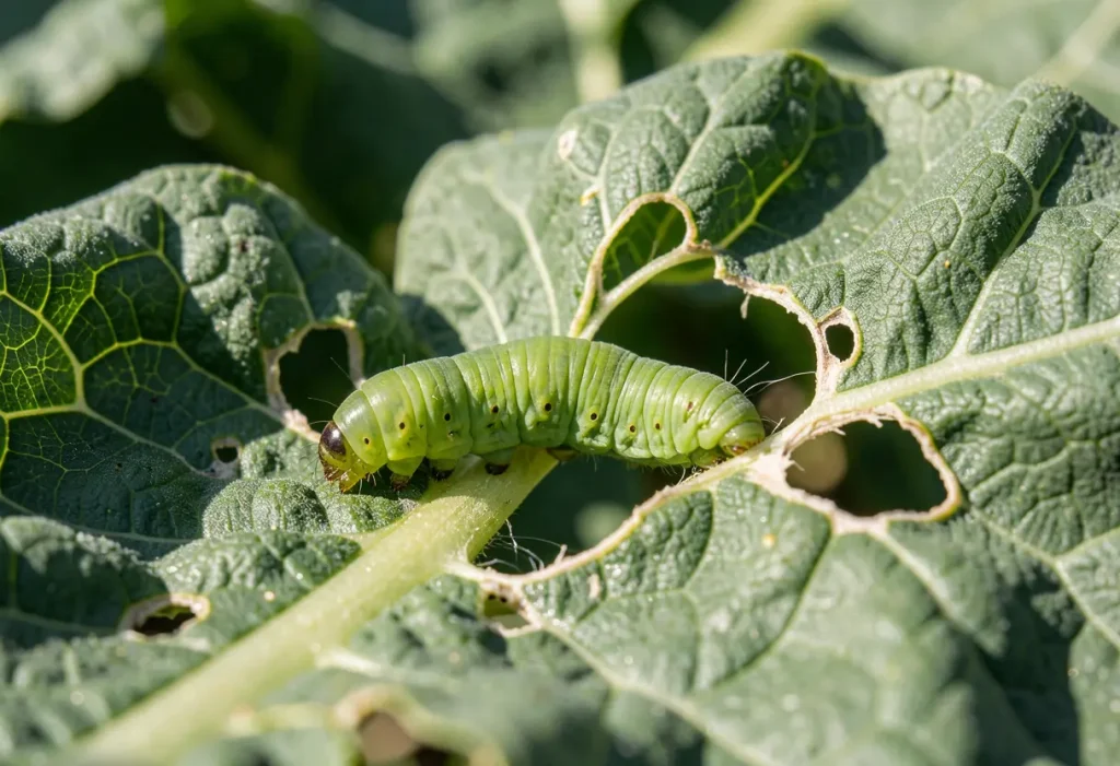 Worms in Broccoli Plants: Tiny worms hiding under broccoli leaves and stems.