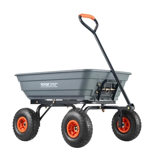 VEVOR 4 Cu.Ft. 600lbs Poly Garden Cart Dump Wagon, Heavy Duty 4 Wheel Wheelbarrow Yard Cart Dump Wagon with 10in All Terrain Wheels, Steel Frame and Quick Release System