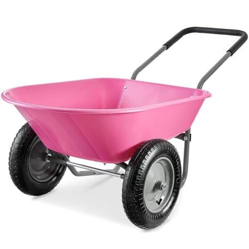 Best Choice Products Dual-Wheel Home Utility Yard Wheelbarrow Garden Cart w/Built-in Stand for Lawn, Gardening, Construction - Pink