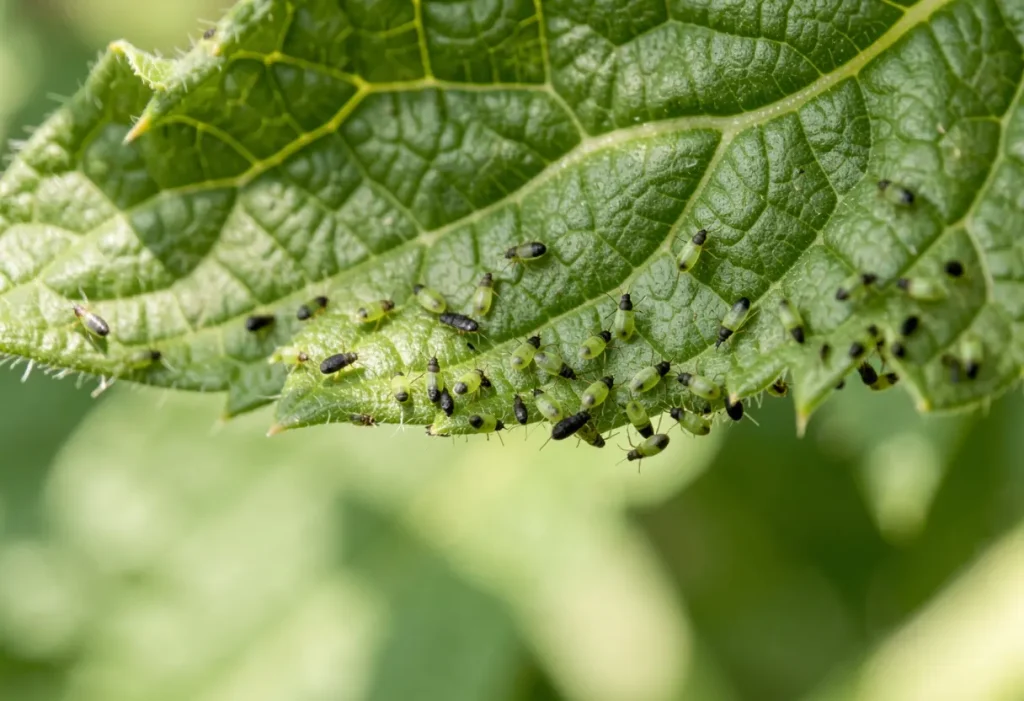 Aphids on Tomato Plants – close-up of tiny green aphids feeding on tomato leaves