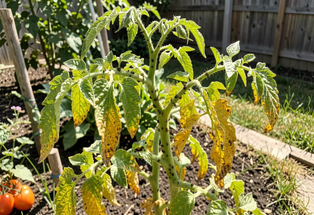 Aphids on Tomato Plants – clusters of aphids on young tomato stems in garden