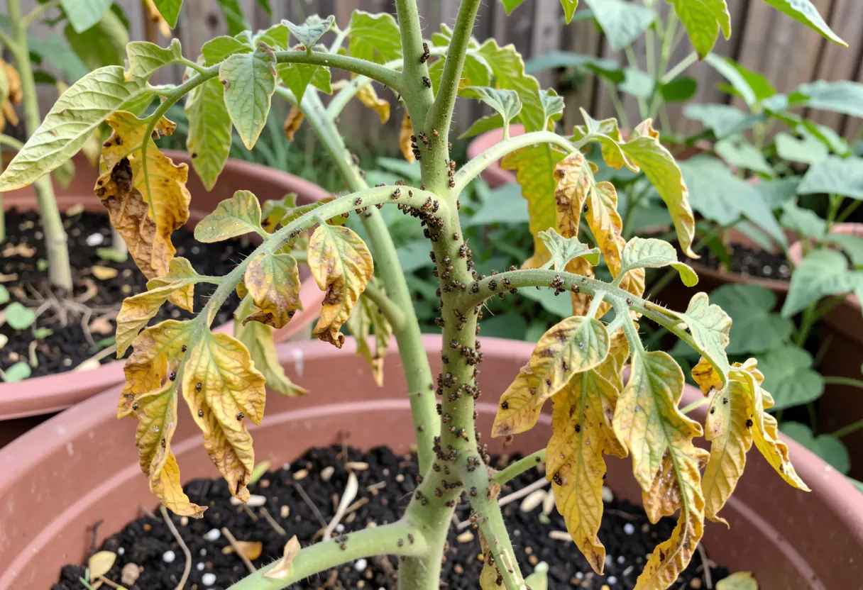 Aphids on Tomato Plants – healthy tomato plant being treated for aphid infestation