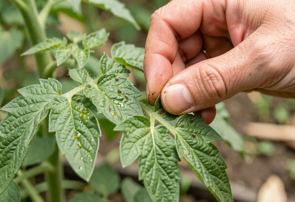 Aphids on Tomato Plants – hands inspecting tomato plant infested with aphids