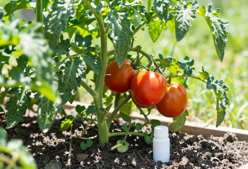 Close-up showing Calcium for Tomato Plants being sprinkled around the base of seedlings.