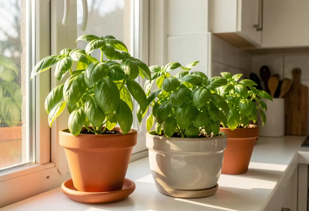 Can Basil Grow Indoors: Indoor container garden setup with basil and proper lighting.