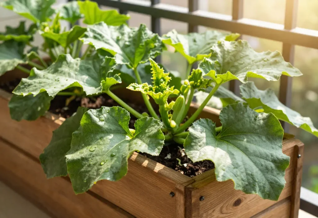 Can You Grow Zucchini in a Container – healthy zucchini plant growing in large patio pot
