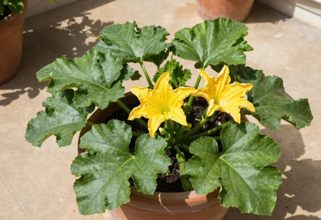 Can You Grow Zucchini in a Container – thriving zucchini leaves and flowers in raised container