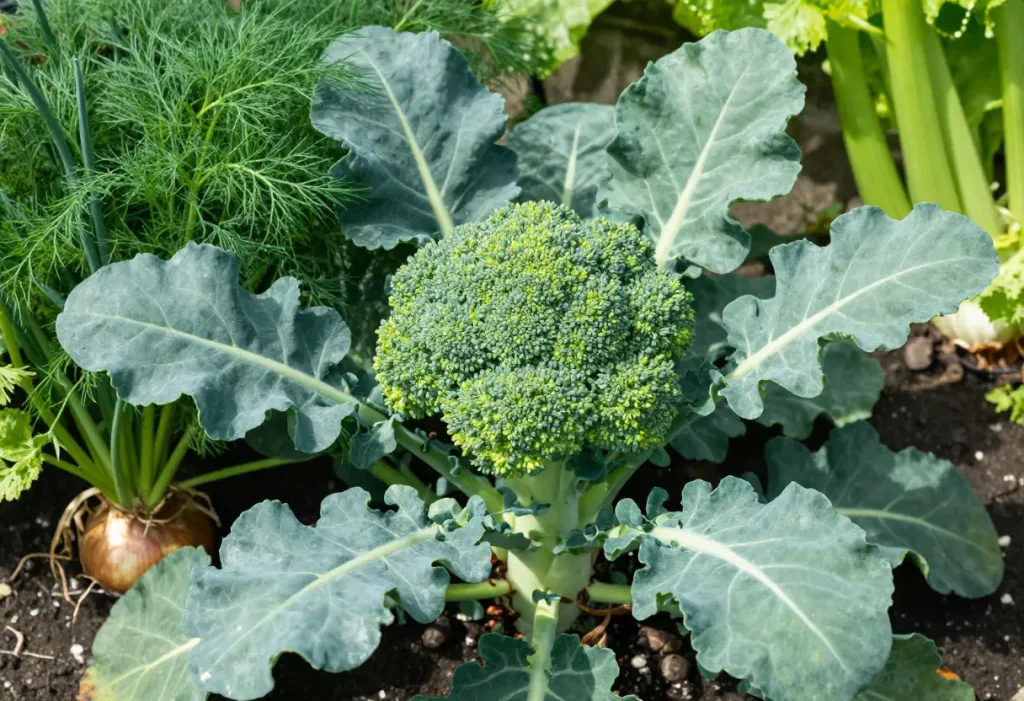 Hands planting companion crops near broccoli, demonstrating Companion Planting With Broccoli effectively.