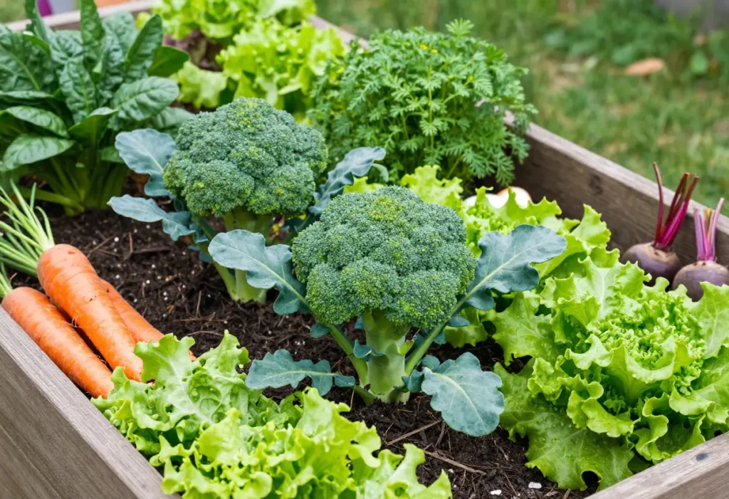 Close-up of garden showing Companion Planting With Broccoli with onions, spinach, and aromatic herbs.