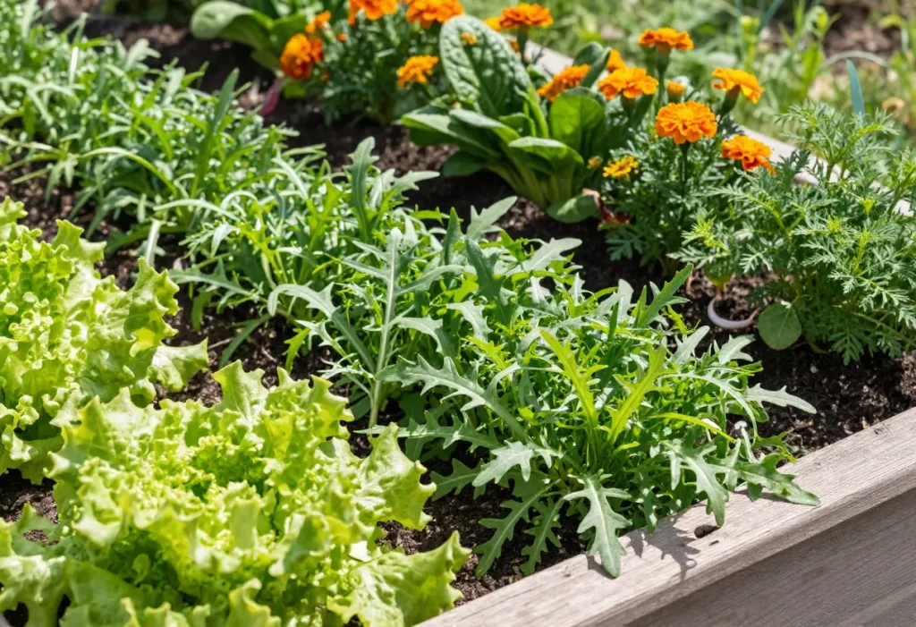 Companion Planting for Arugula – close-up of arugula with companion plants for pest control