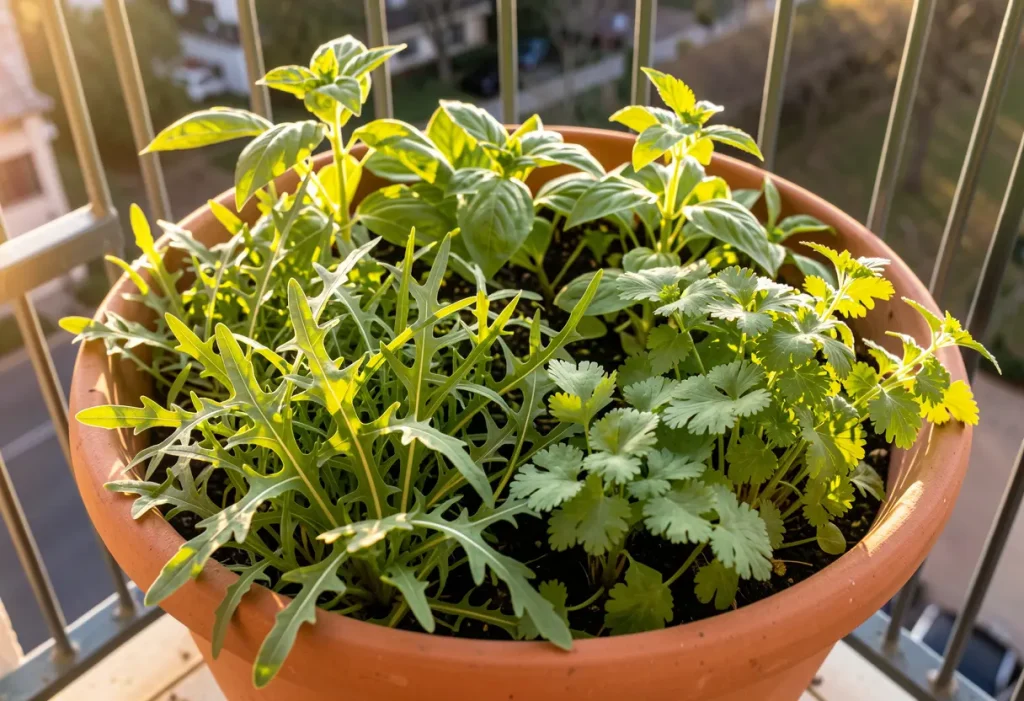 Companion Planting for Arugula – thriving arugula plants surrounded by beneficial companion crops