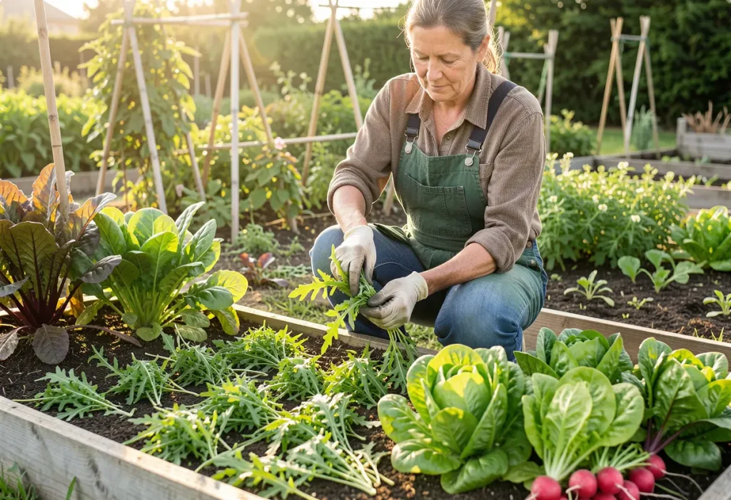 Companion Planting for Arugula – hands planting arugula with compatible vegetables in container garden