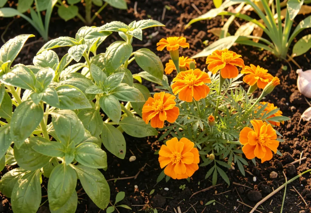 Mixed planting setup demonstrating Companion Plants for Tomatoes for better yield and pest control.