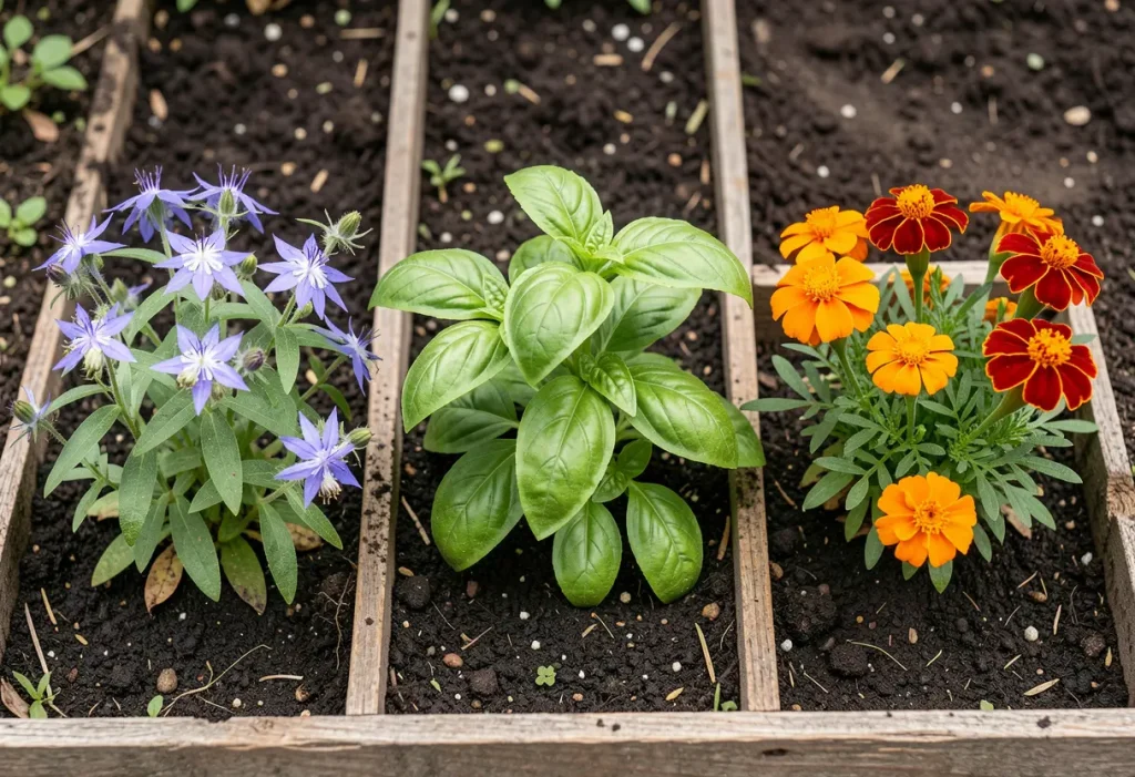 Companion Plants for Tomatoes: Healthy garden bed showing tomatoes surrounded by herbs and flowers.