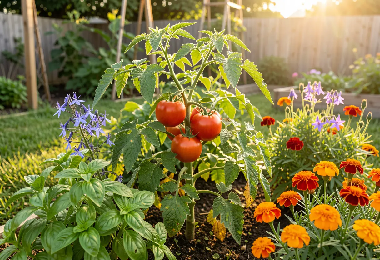 Companion Plants for Tomatoes: Basil and marigold planted alongside tomato plants to improve growth and deter pests.