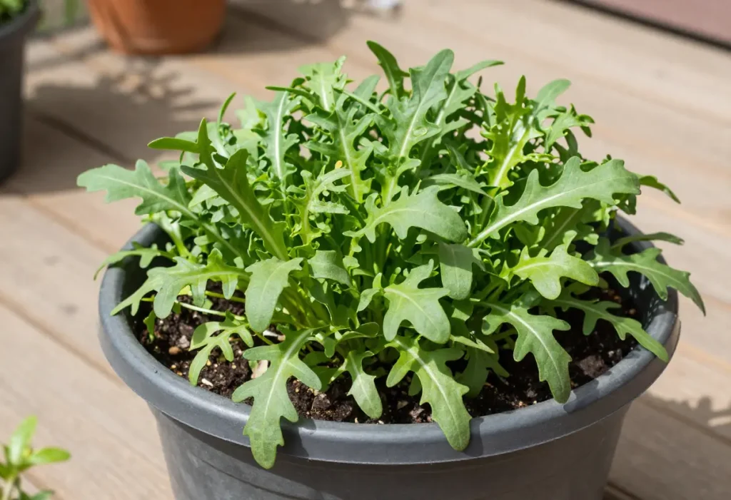 Growing Arugula in Containers: Harvest-ready arugula leaves in a balcony container garden.