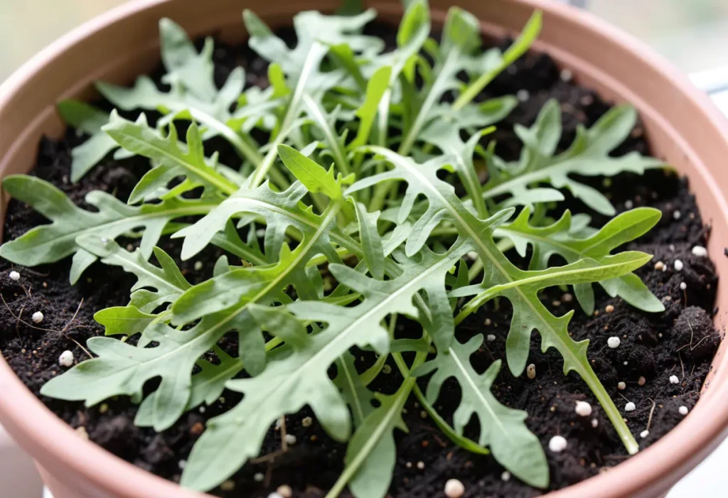 Growing Arugula in Containers: Close-up of young arugula seedlings sprouting in a pot.