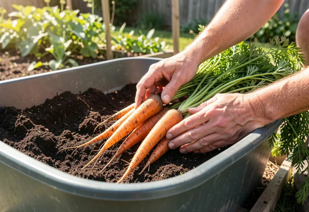Growing Carrots in Tubs: Harvest-ready carrots pulled from large tubs filled with loose soil.