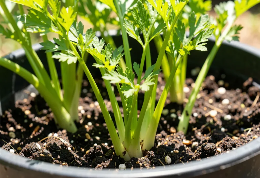 Growing Carrots in Tubs: Healthy carrot plants thriving in deep containers on a sunny balcony.