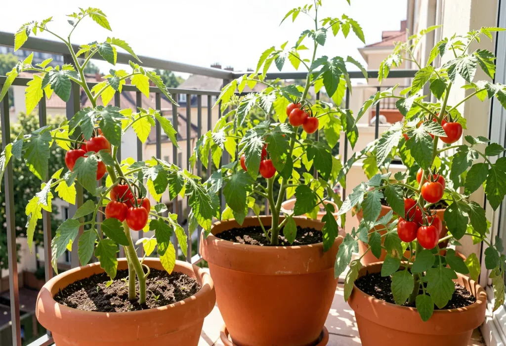 Growing Cherry Tomatoes in Pots: Healthy cherry tomato plants thriving in containers on a sunny balcony.