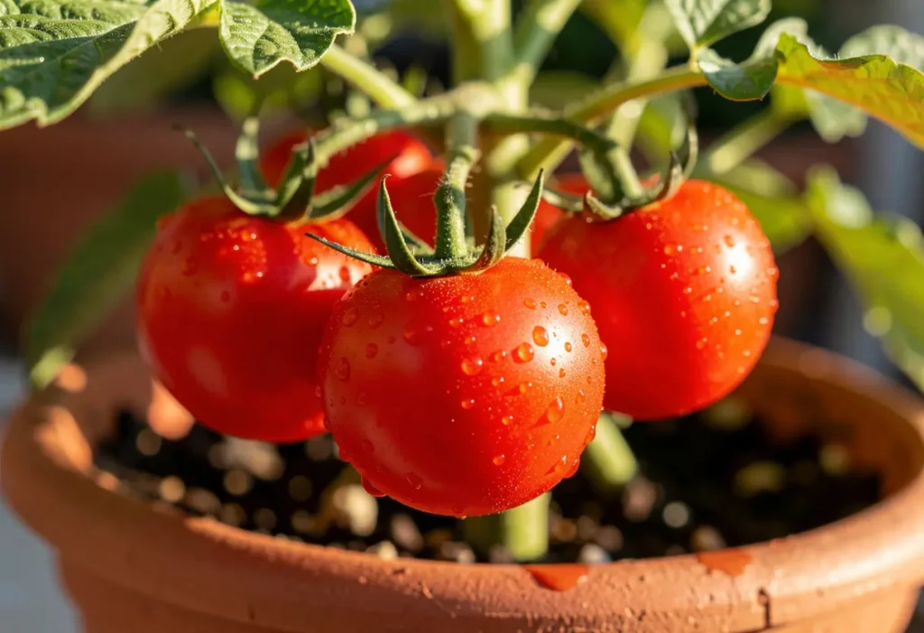 Growing Cherry Tomatoes in Pots: Close-up of ripe cherry tomatoes growing on compact potted plants.