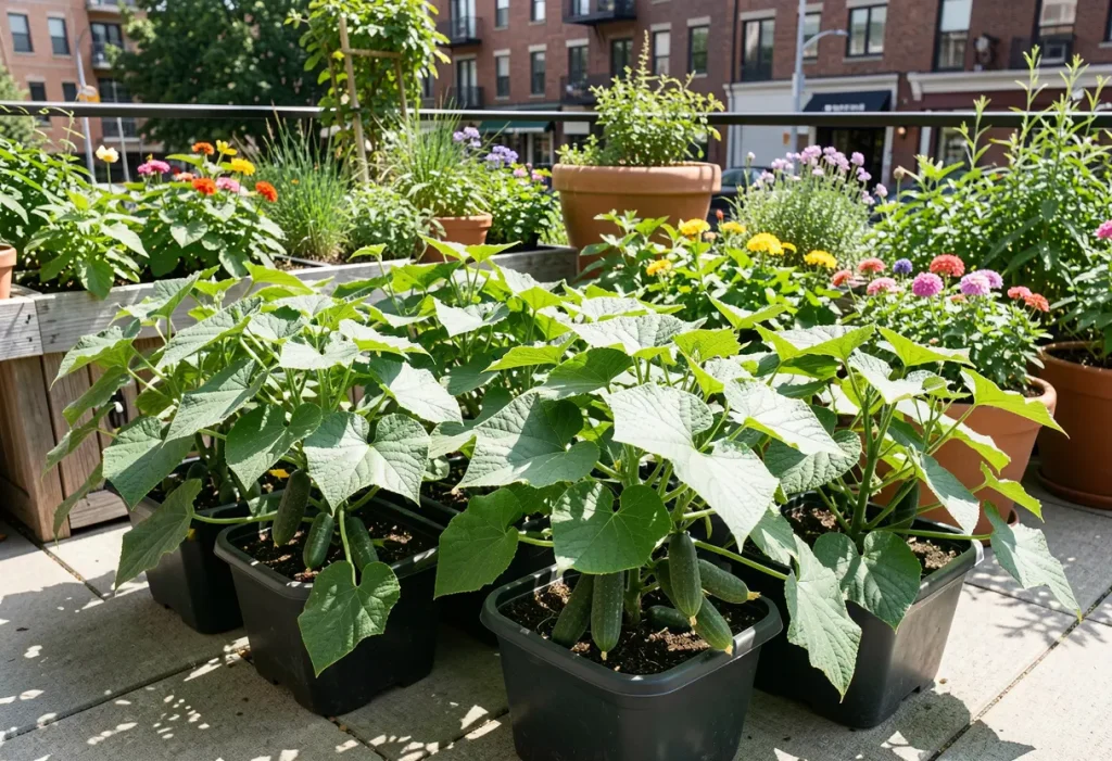 Growing Cucumbers in Containers: Close-up of cucumbers forming on container-grown vines.