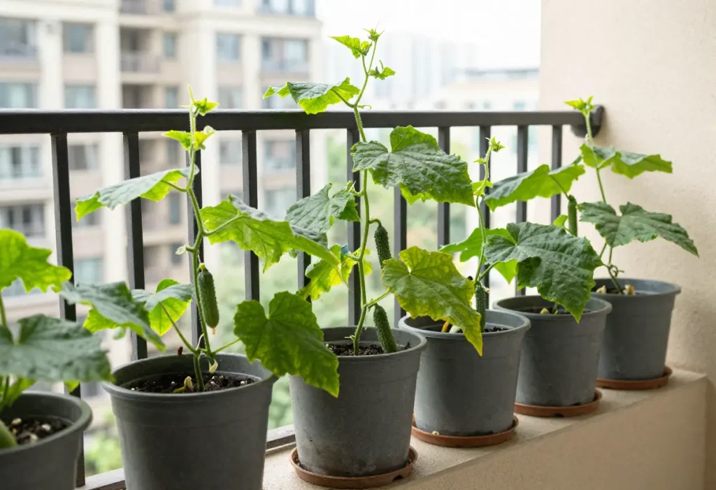 Growing Cucumbers in Containers: Healthy cucumber plants climbing a trellis in large pots.