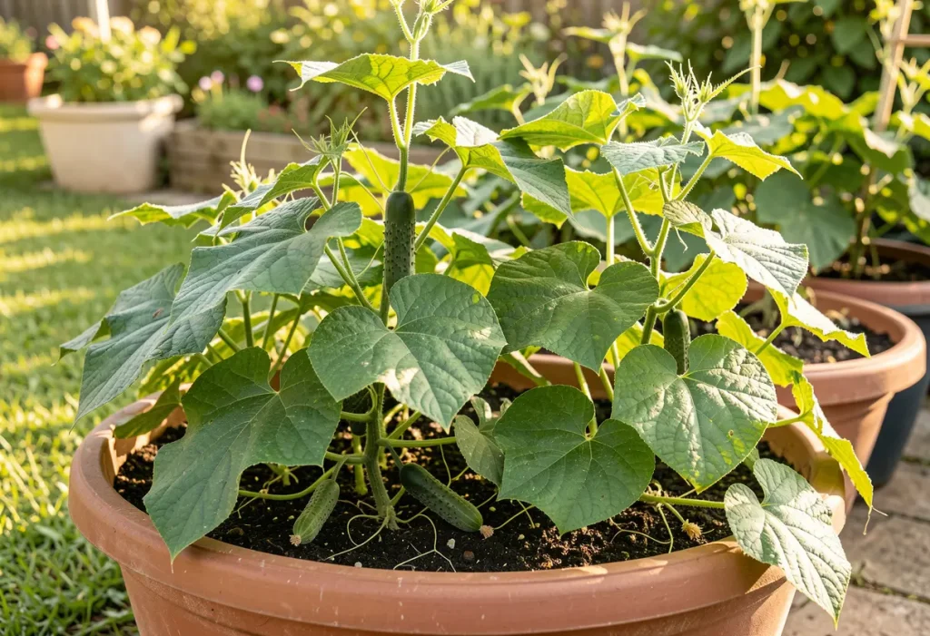 Growing Cucumbers in Texas – healthy cucumber vines thriving in sunny Texas garden