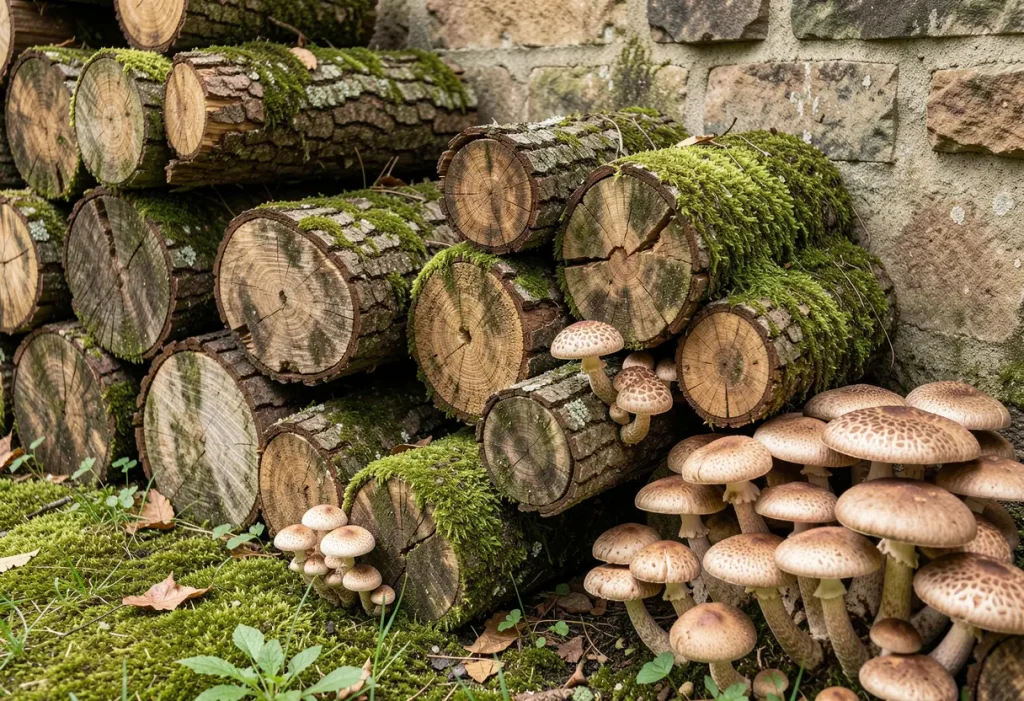 Outdoor mushroom cultivation illustrating Growing Mushrooms on Logs successfully in shaded areas.