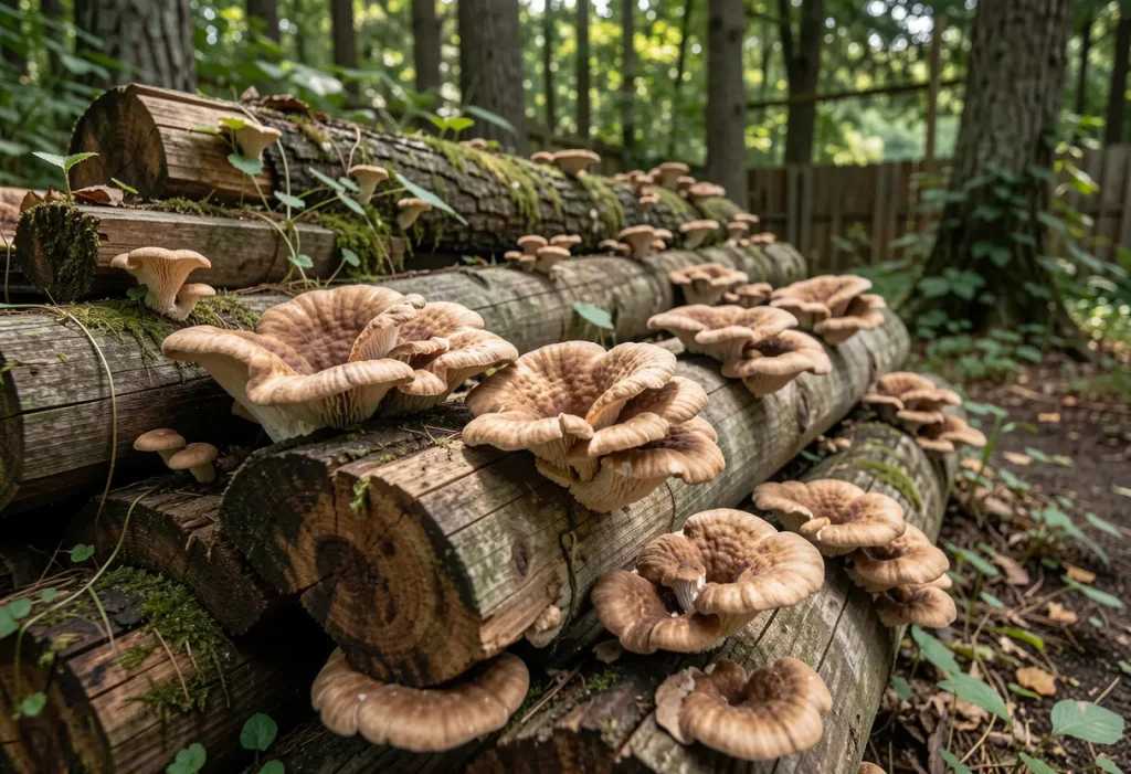 Growing Mushrooms on Logs: Fresh mushroom clusters sprouting from inoculated logs in a backyard setup