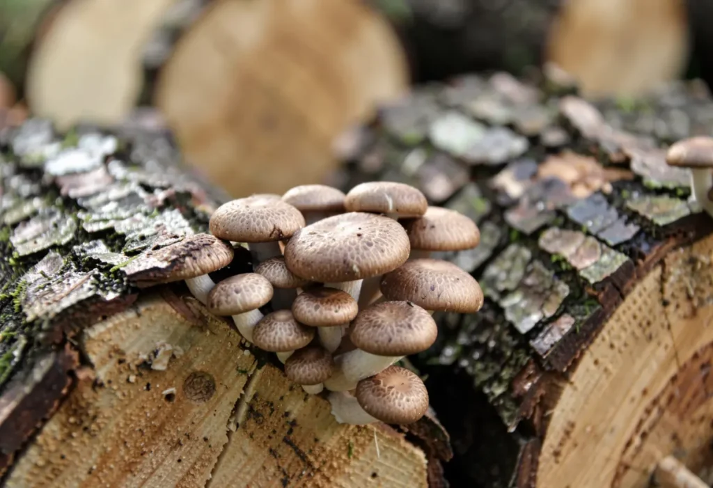 Growing Mushrooms on Logs: Close-up of oyster mushrooms emerging from prepared logs.