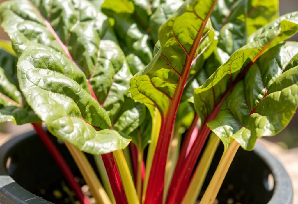 Growing Swiss Chard in Pots – balcony garden with multiple pots of Swiss chard plants