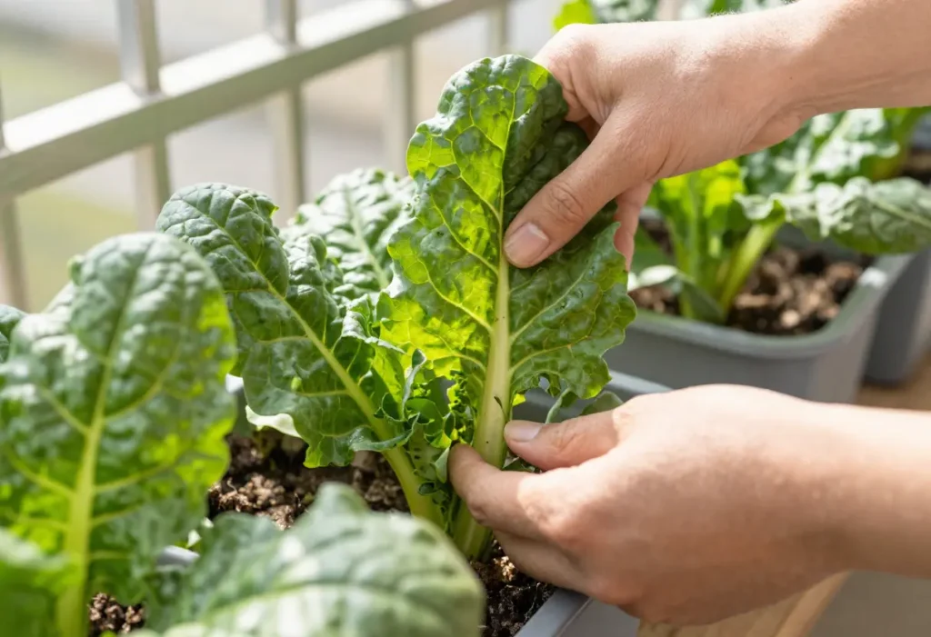 Growing Swiss Chard in Pots – gardener planting Swiss chard seedlings in decorative pots
