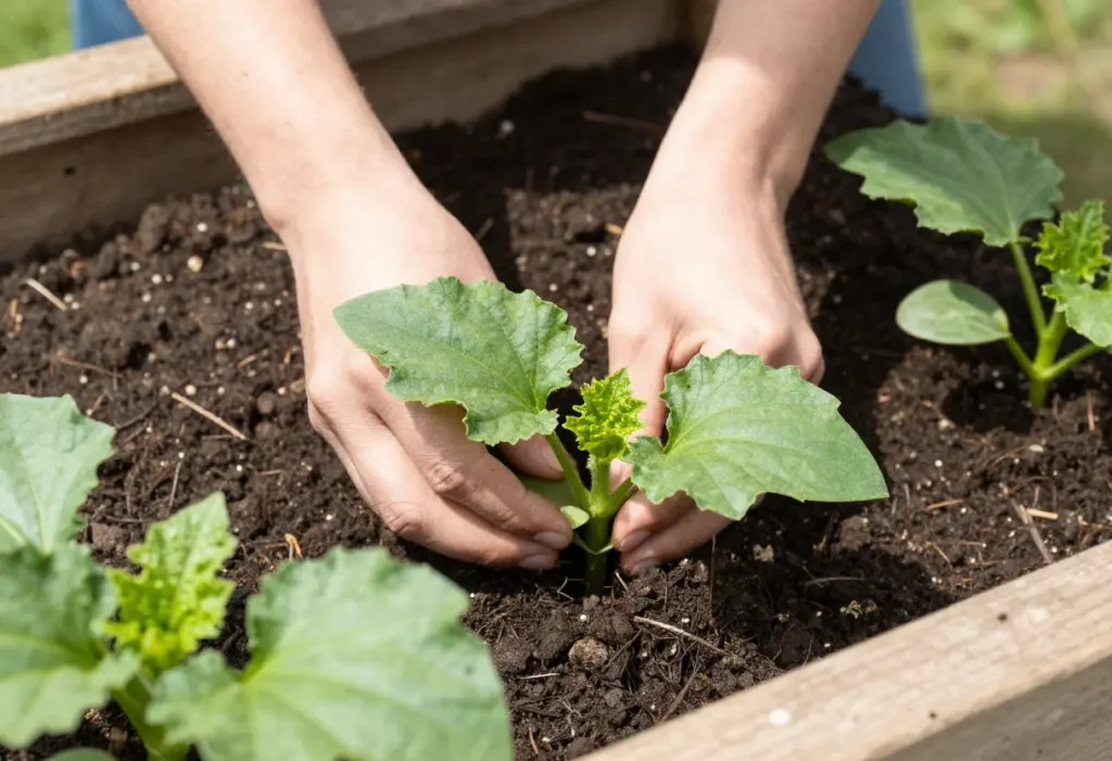 Growing Zucchini from Seed: Young zucchini seedlings sprouting in seed trays with nutrient-rich soil.