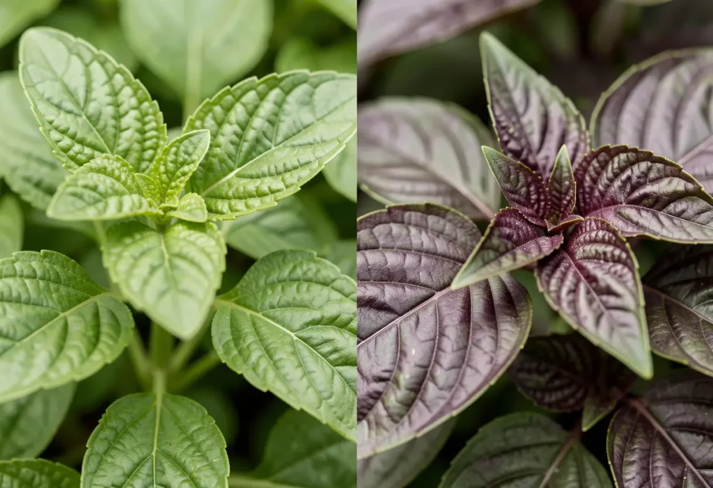 Side-by-side view of Holy Basil Vs Thai Basil highlighting differences in aroma and texture.