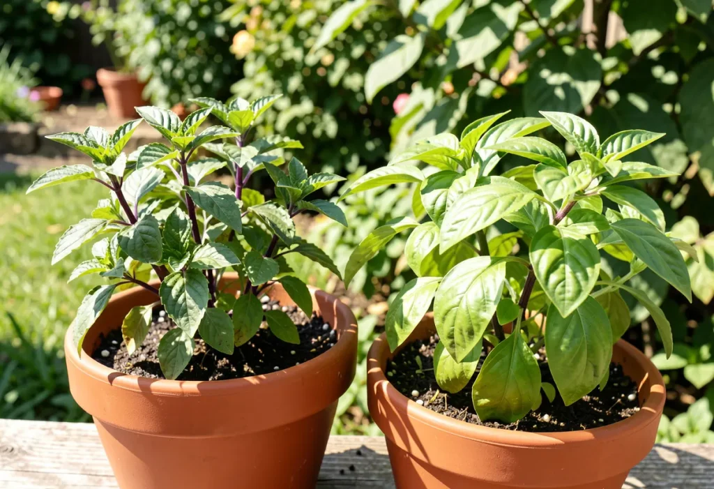 Holy Basil Vs Thai Basil: Potted plants showing growth habits and leaf characteristics.