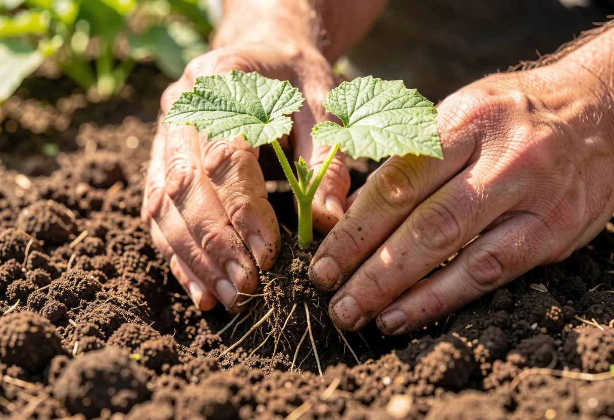 How Deep to Plant Cucumber Plants: Hands planting cucumber seedlings at the correct soil depth in a garden bed.