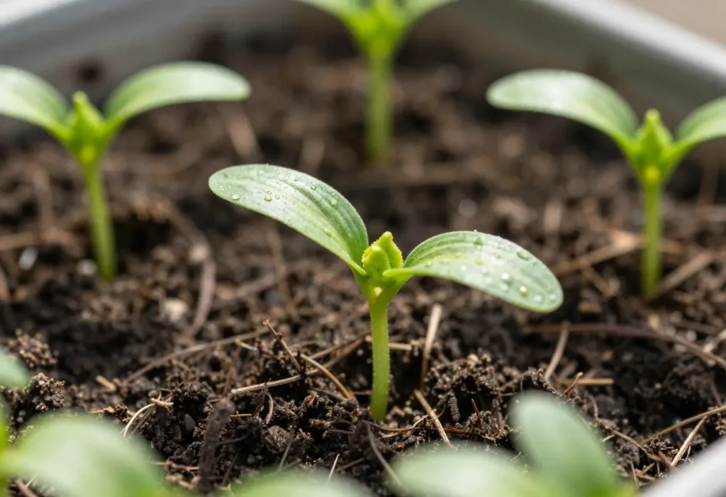 How Do You Grow Cucumbers from Seeds – close-up of cucumber seedlings emerging from soil