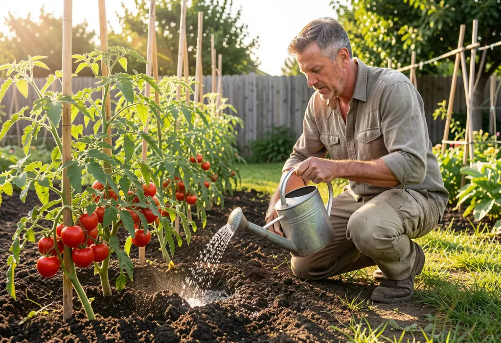 How Often Should You Water Tomato Plants – gardener watering tomato plants in raised garden bed