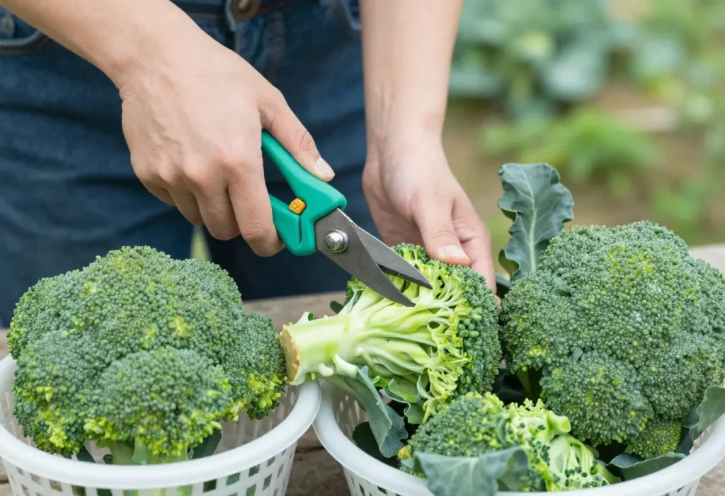 How to Cut Broccoli from Plant: Healthy broccoli being trimmed with scissors or garden knife.