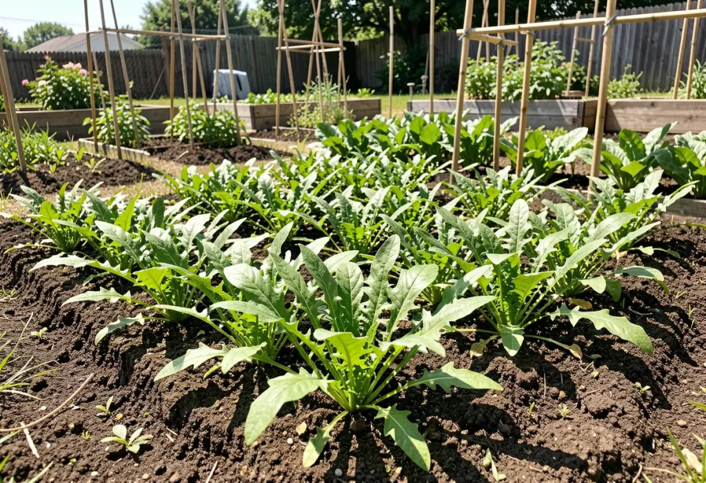 How to Grow Arugula: Young arugula seedlings sprouting in a garden bed with rich soil.