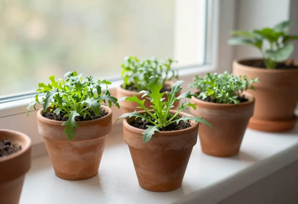 How to Grow Arugula: Close-up of healthy green arugula leaves ready for picking.