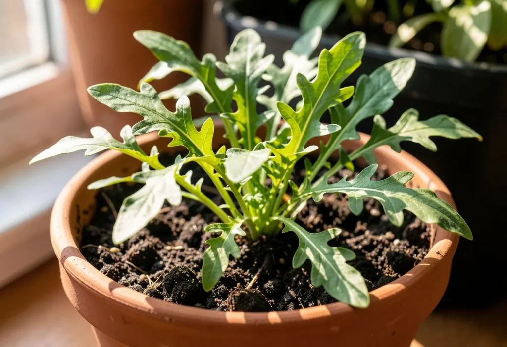 How to Grow Arugula Indoors: Close-up of vibrant green leaves growing under indoor light.