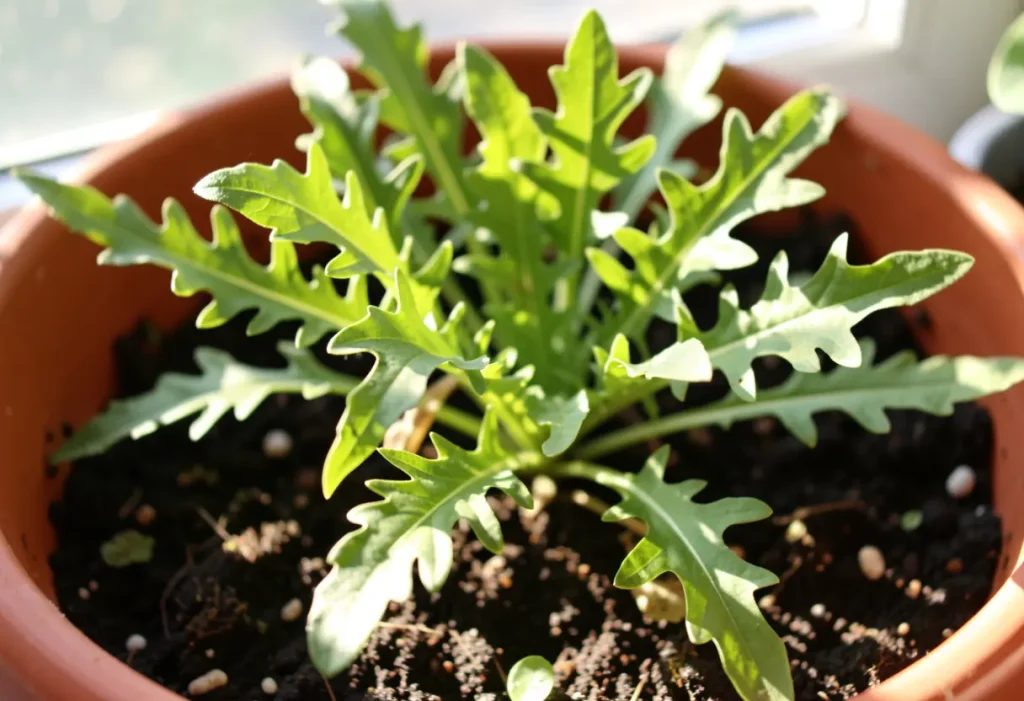 How to Grow Arugula Indoors: Container garden with mature arugula ready for harvesting inside the home.