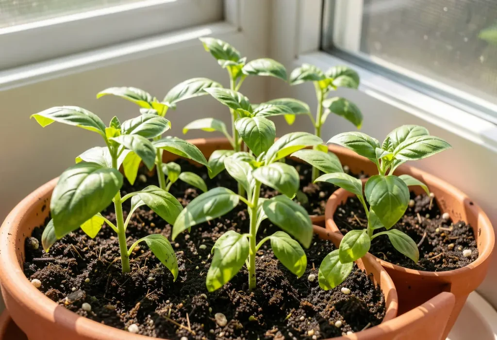 How to Grow Basil: Healthy basil seedlings growing in nutrient-rich soil in a garden pot.
