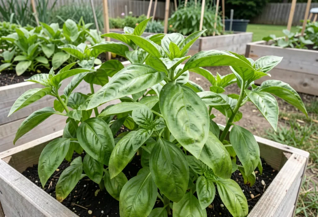 How to Grow Basil: Close-up of vibrant green basil leaves thriving in sunlight.